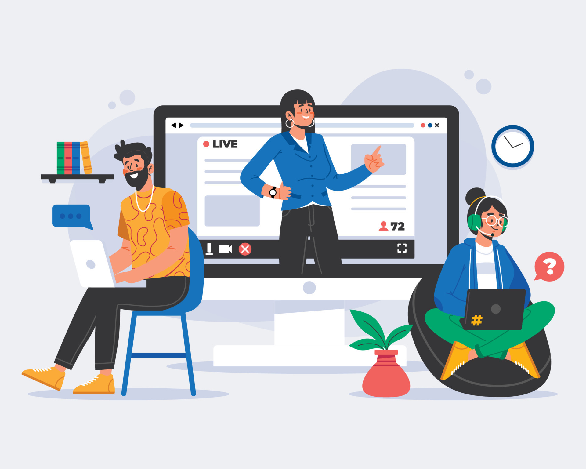 Illustration d'un cours en ligne avec un formateur et des apprenants connectés